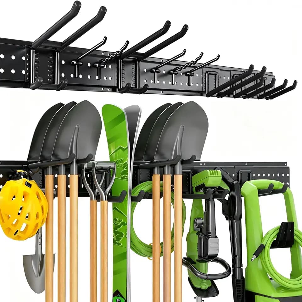 Garage Tool Organizer Wall Mount, 49.5 Inch Heavy Duty Garage Organization System with 10 Adjustable Hooks, Garden Tool Storage Rack for Garage, Yard & Shed, Holds Up to 400 lbs