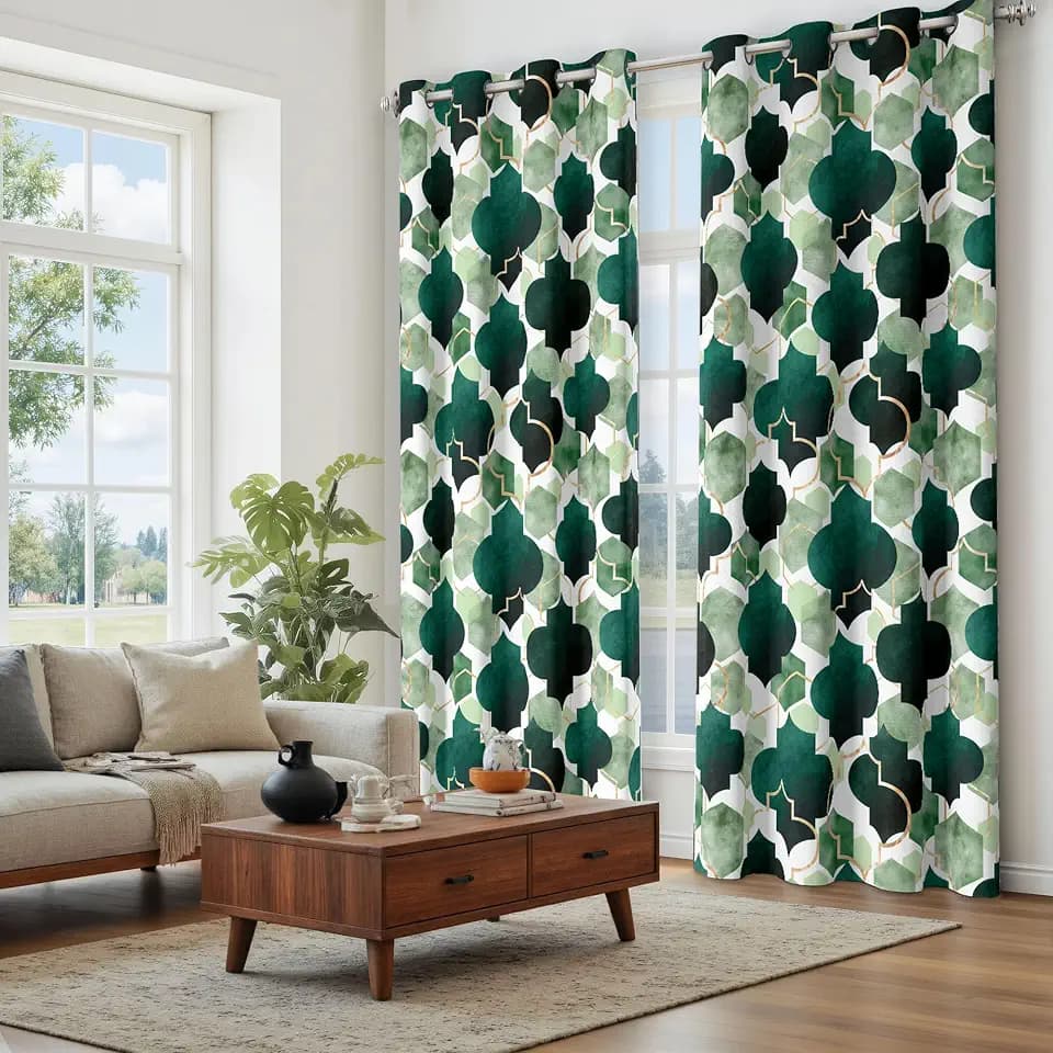 Tyrot Green Moroccan 100% Blackout Curtains for Bedroom Abstract Geometric Black Out Curtains 84 inch Long 2 Panels Set Window Drapes Thermal Room Darkening Curtains for Living Room, 52Wx84L