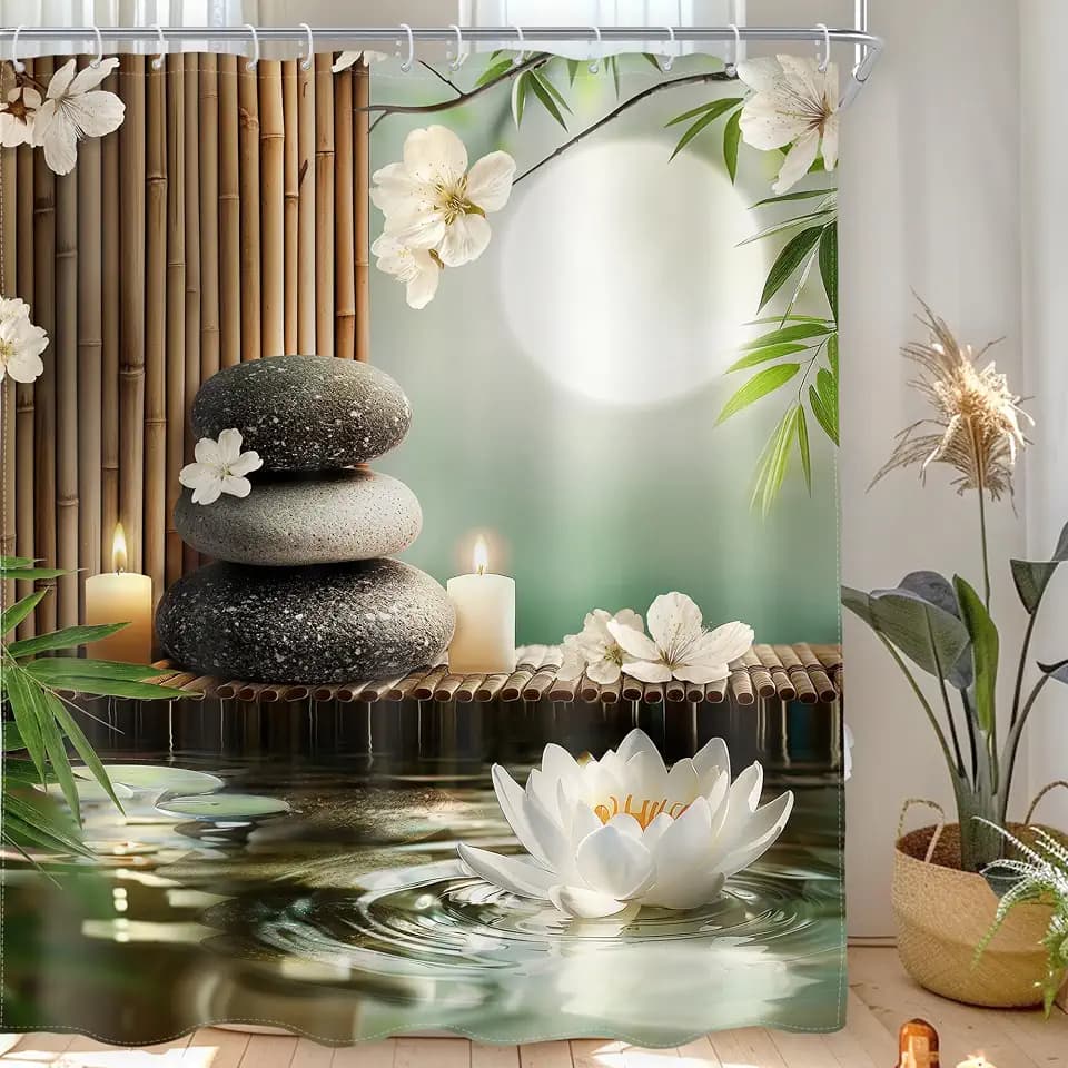 Lotus Zen Bamboo Stone Shower Curtain Spa Floral Flowers 72Wx72L Inch