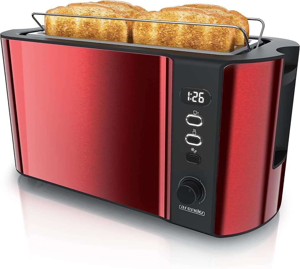 Arendo - Edelstahl Toaster Langschlitz 4 Scheiben - Defrost Funktion - wärmeisolierendes Gehäuse - mit integrierten Brötchenaufsatz - 1500W - Krümelschublade - Display mit Restzeitanzeige - Karminrot