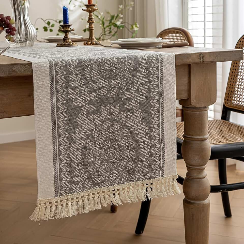 Farmhouse Boho Table Runner, Neutral Woven Floral with Tassels