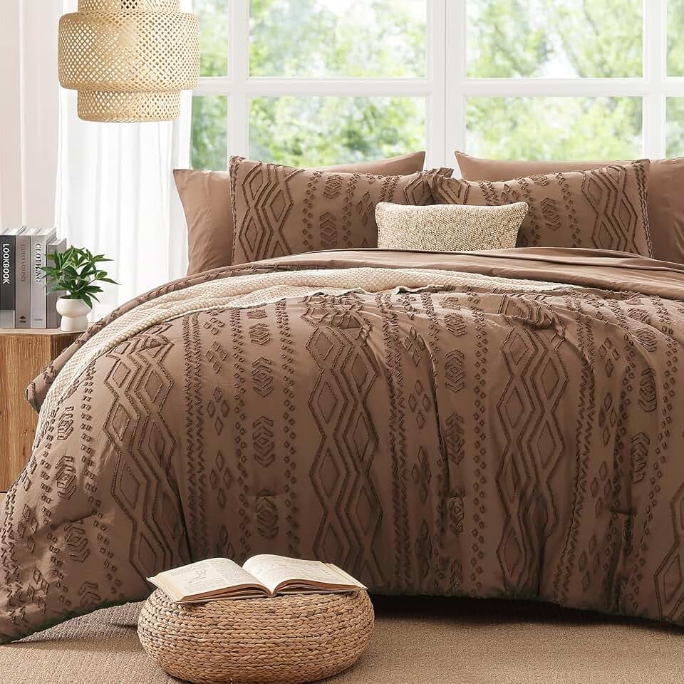 King Size Comforter Set Brown Tufted Boho Bedding Sets Farmhouse 7 Pieces