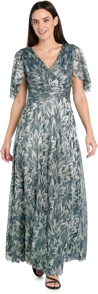 R&M Richards Women's Long Metallic Printed Maxi Dress - Evening Gown W/Flutter Sleeves, Ruched Waist & Back Zipper