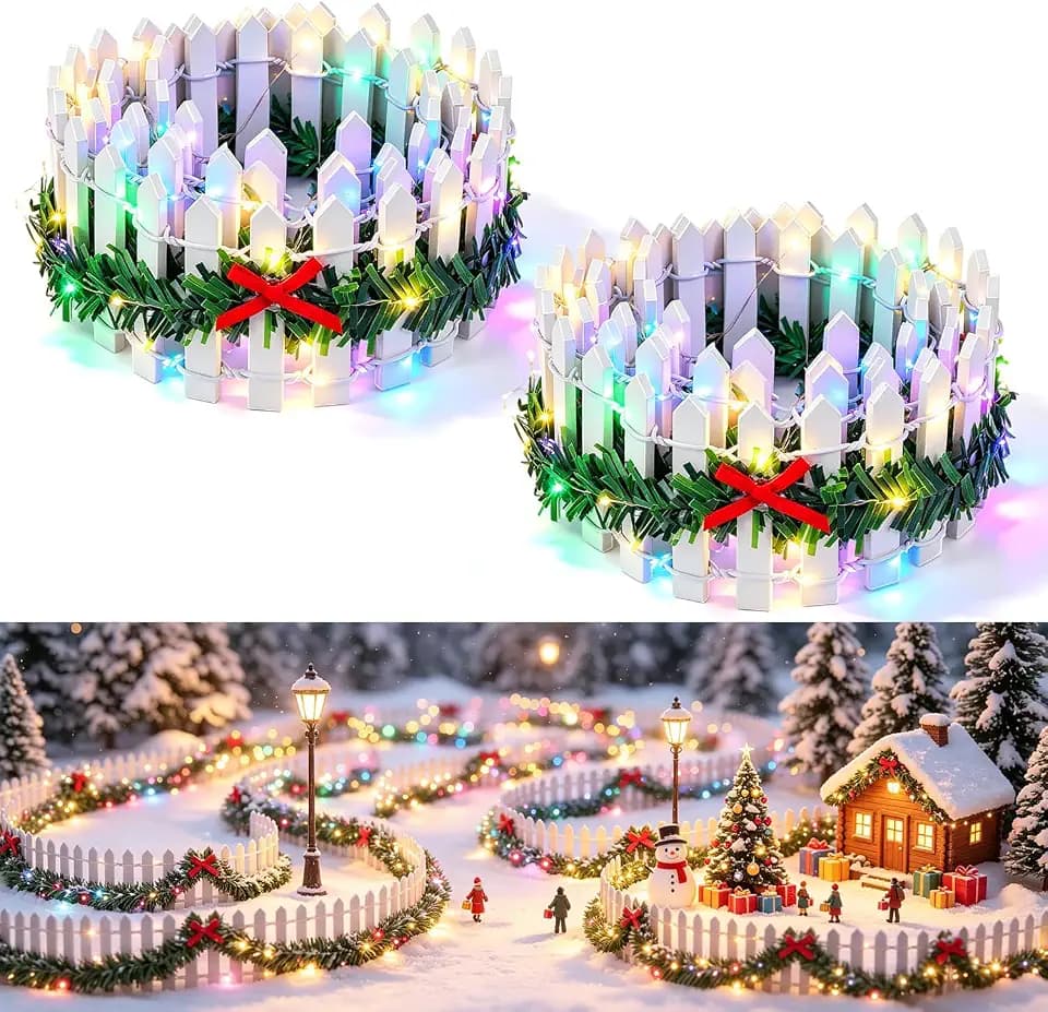 2 PCS 35 Inch Mini Christmas Garden Fence with Light, Fairy Garden Fence