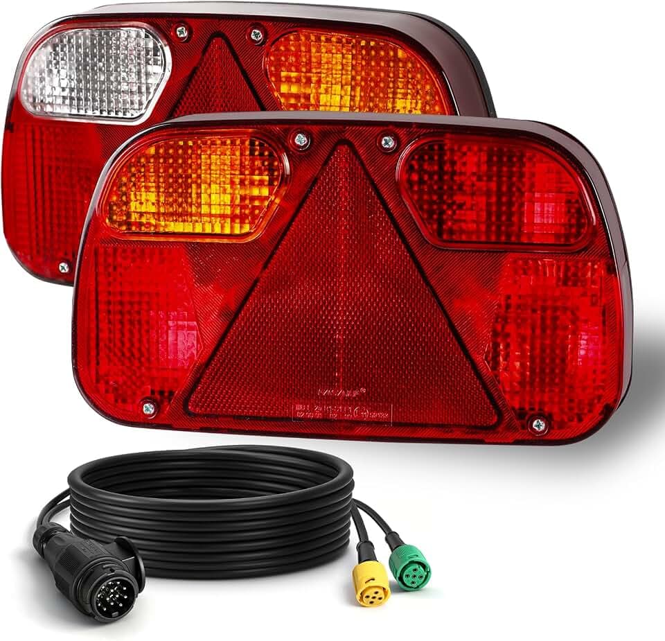 2 Stück 12V Universal Rückleuchte Anhänger Set mit 5,5m Kabel Vorverkabelt 13 Polig Stecker, 5 Polig Bajonett Links Rechts Anhängerbeleuchtung für Wohnwagen, LKW, Traktoren