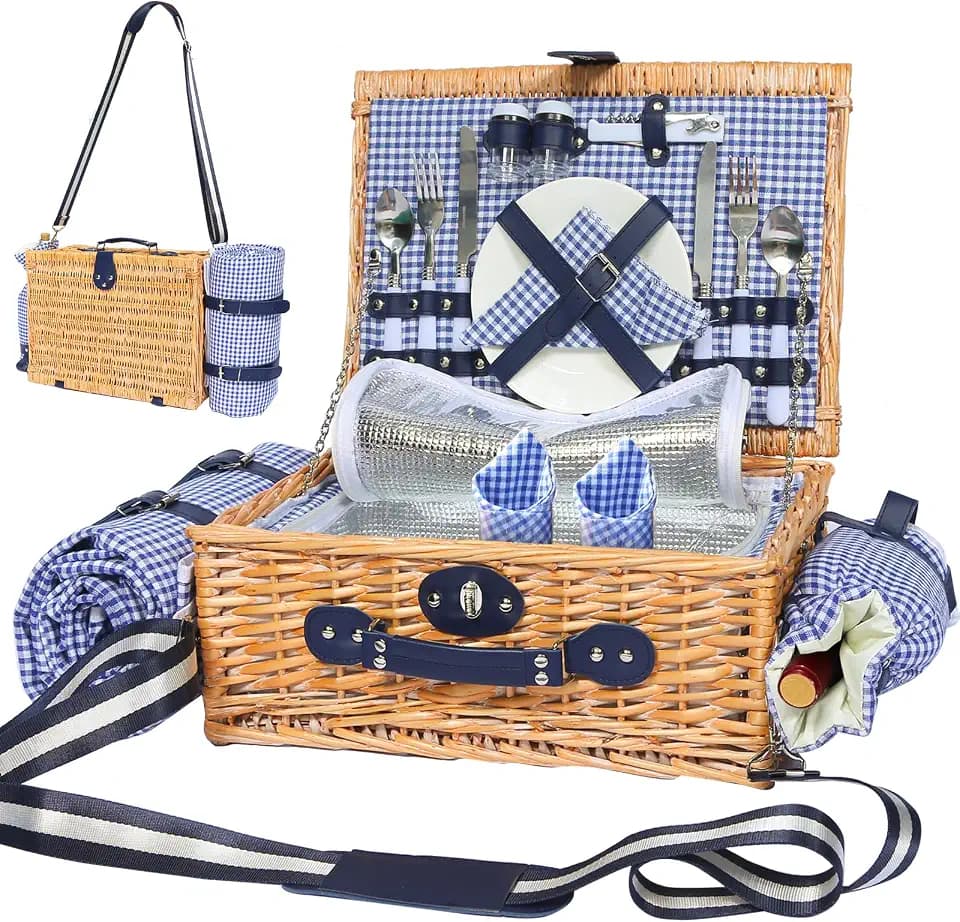 Wicker Picnic Basket for 2, Blanket & Wine Pouch, 16.6" Blue