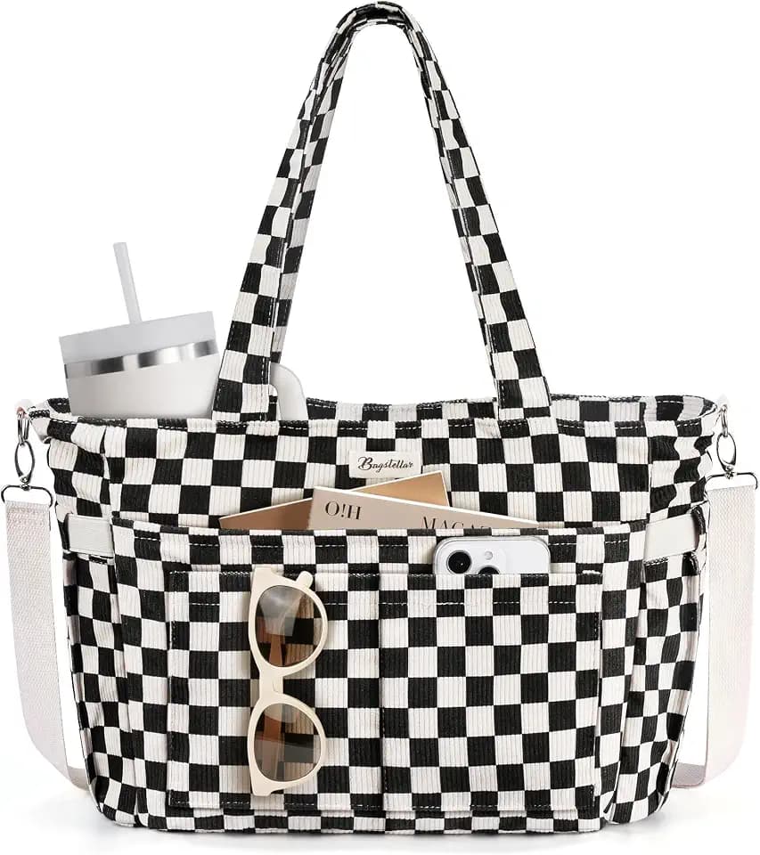 Bagstellar Corduroy Tote Bag for Women, 17 Pockets Laptop Work Tote Purse