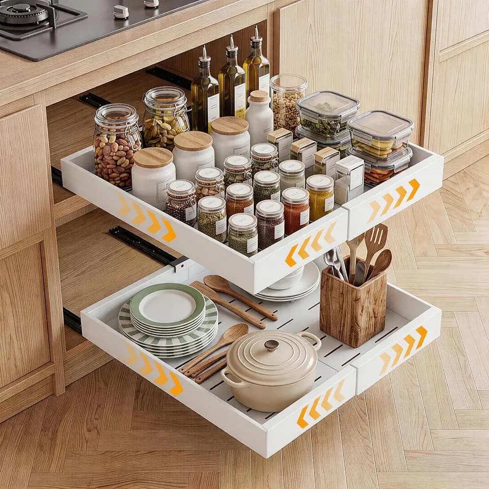 Teleskopschublade Ausziehbar, Küchenschrank Schubladenauszug Mit Kleber, Ausziehbarer Schrank Organizer Ohne Bohren für Küche Bad Wohnzimmer, Einstellbare Breite 32-53 cm, Weiß, 1 Stück