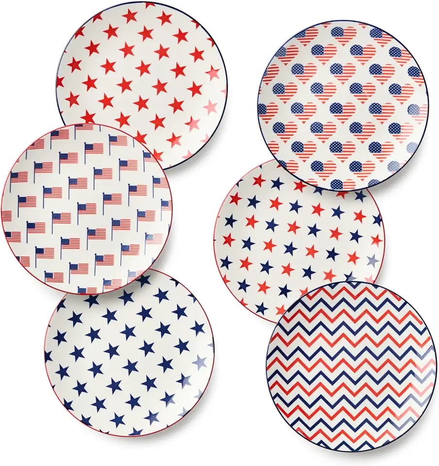 Patriotic Pad Print Porcelain SALAD/DESSERT PLATES SET of 6, 8.75 inch red white and blue assorted star stripe flag designs for festive gatherings and everyday Americana tables