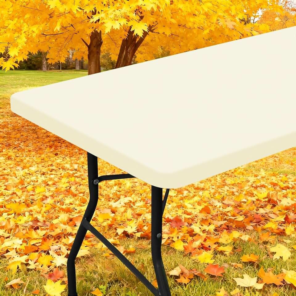 Smiry Rectangle Picnic Table Cloth, Waterproof Elastic Fitted Tablecloths for 6 Foot Tables, Washable Polyester Table Cover for Camping, Indoor and Outdoor (Beige, 30"x72")