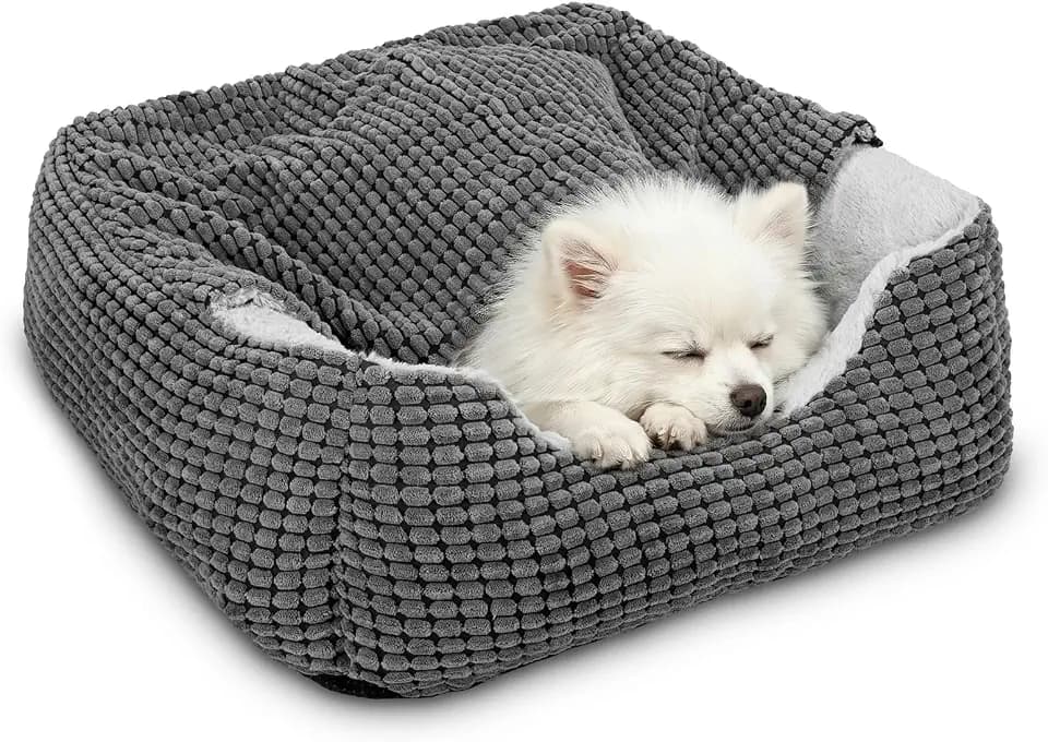 GASUR Dog Beds for Small Dogs with Cover Cave, Cat Beds for Indoor Cats, Rectangle Hooded Dog Puppy Bed with Blanket, Cozy Anti-Anxiety, Anti-Slip Bottom and Machine Washable (20", Grey)