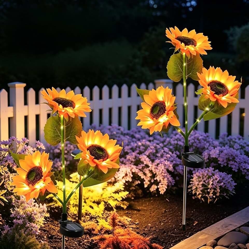 Solar Sunflower Lights, 800mA Solar Garden Light with Real Looking FlowersOutdoor Waterproof Solar Stake Lights for Back Yard, Flower Bed, Pathway,Patio, Porch, Spring Decoration (3 Pack)