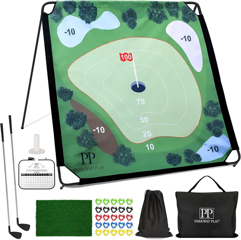 Parkway Play Sticky Golf Chipping Game Set 6x6 ft Metal Frame, Backyard Target Game, 2 Clubs, 25 Sticky Balls, Turf Mat, Indoor Outdoor Yard Sport, Golf Practice Set, Chipping Training Aid