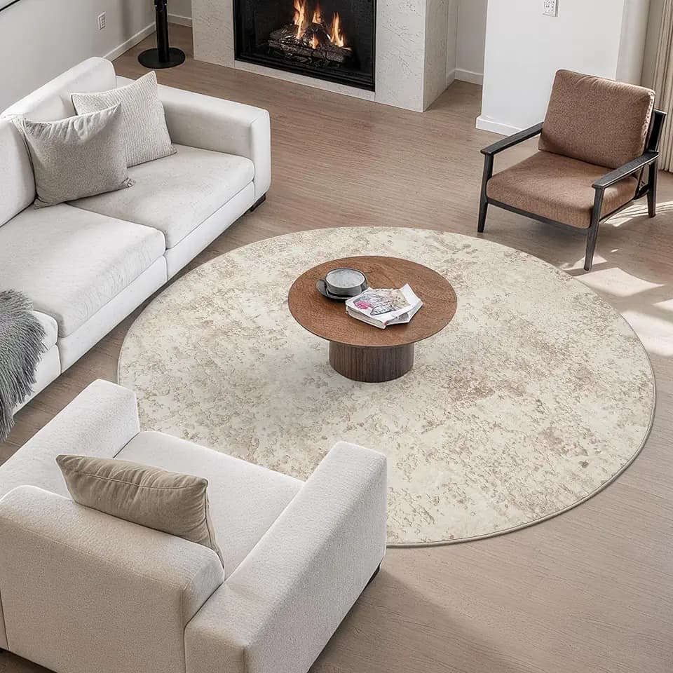 8FT Round Area Rug for Living Room, Anti-Slip Backing Abstract Washable Rug 8x8, Stain Resistant Rugs for Living Room, Foldable Machine Washable Area Rug(TPR53-Beige, 8'x8')