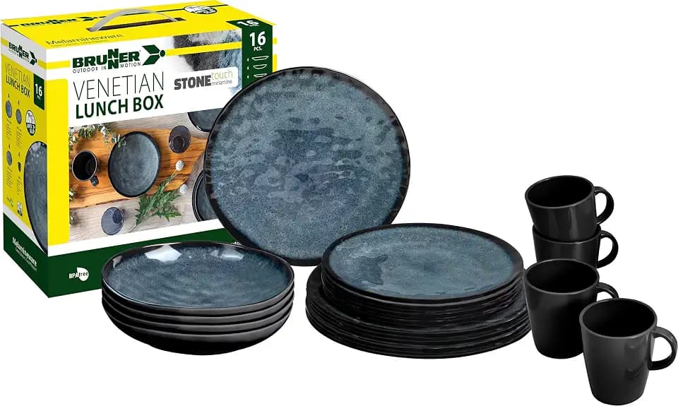 BRUNNER Campinggeschirr Set (Set 16 Stück) für 4 Personen - Lunchbox Venetian - aus Melamin Stone Touch von hoher Qualität, rutschfest und langlebig