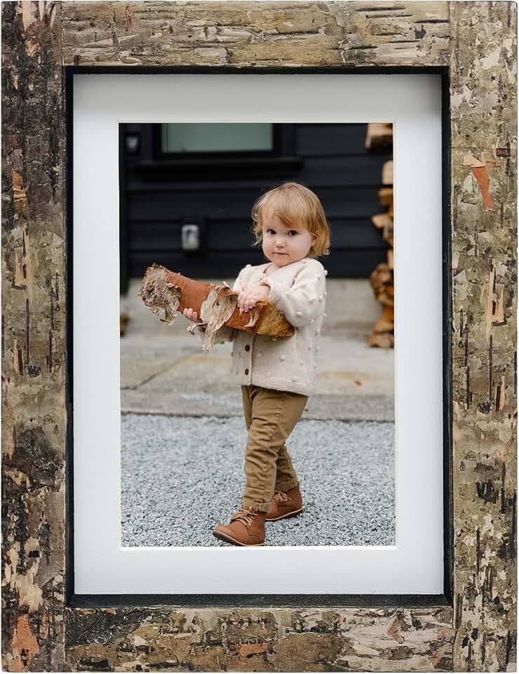 Eosglac Rustic 4x6 Picture Frame, Mat 3.5x5 Photos, Birch Bark Wood Frames