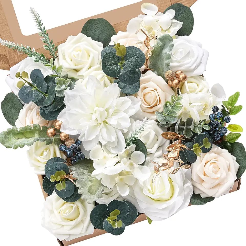 Serwalin 2PCS White Artificial Flowers, Silk Rose Flowers for Wedding Decor