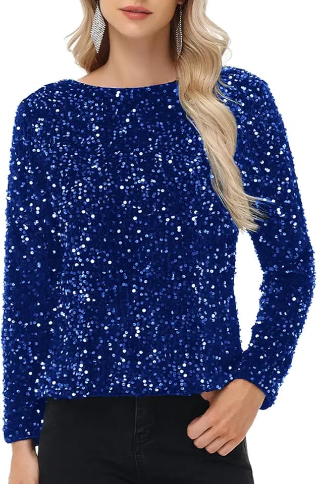 Anna-Kaci Women's Sequin Tops Sparkly Long Sleeve Glitter Evening Party Concert Shirt Blouse