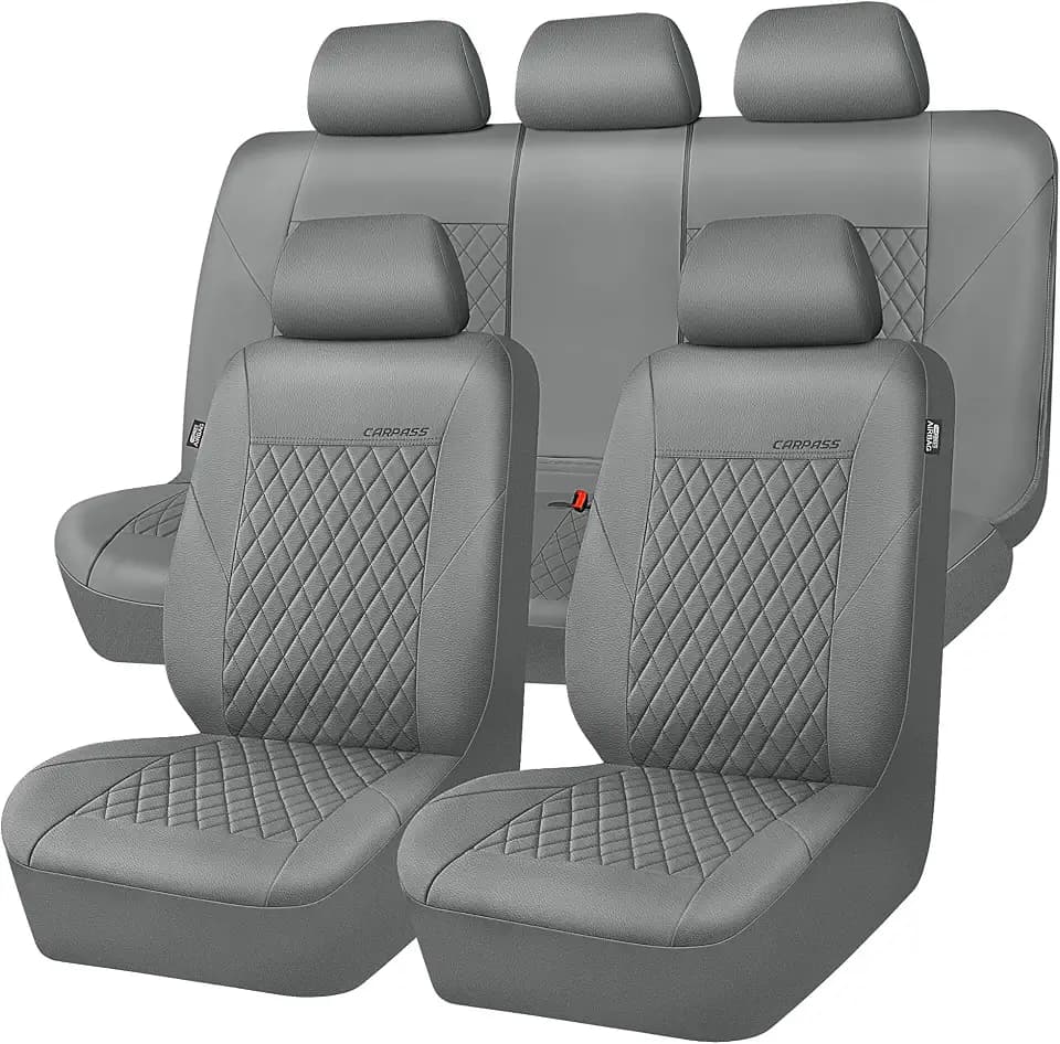 CAR PASS Quilting Faux Leather Seat Covers Full Set, Waterproof Deluxe PU Premium Auto Seat Cover, Breathable Seat Covers Universal Fit for Most Sedan SUV Van Small Truck, Airbag Compatible All Gray