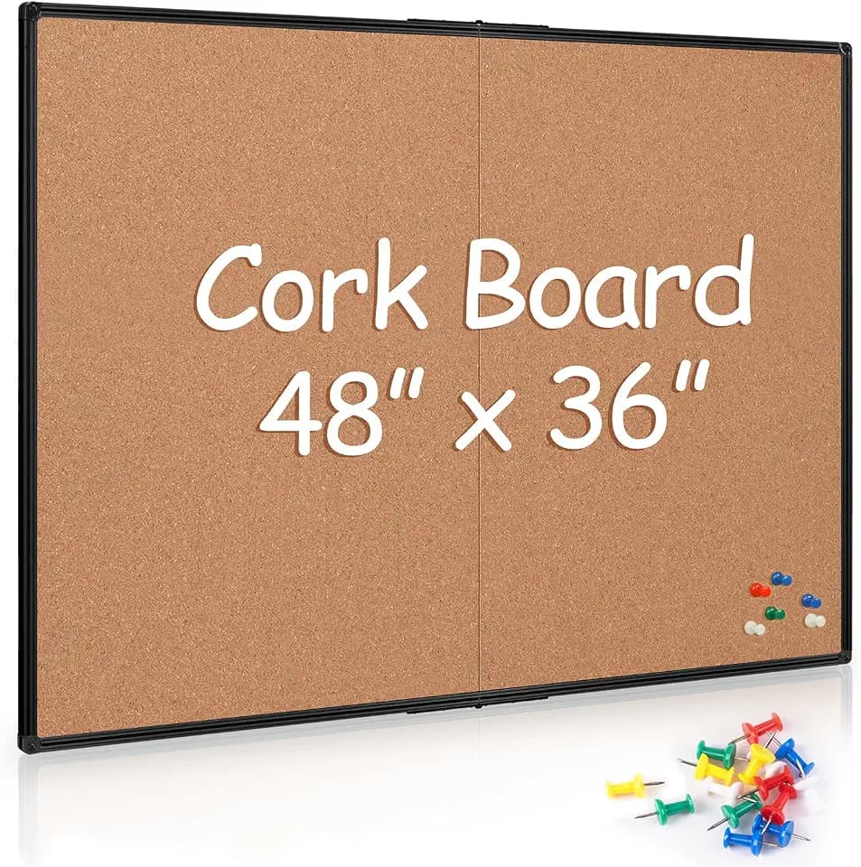 Cork Board Bulletin Board 36 x 48, Foldable Notice Pin Board for Wall, Black Aluminum Framed 4x3 Corkboard, Large Wall Mounted Office Board with 36 Push Pins for School & Home