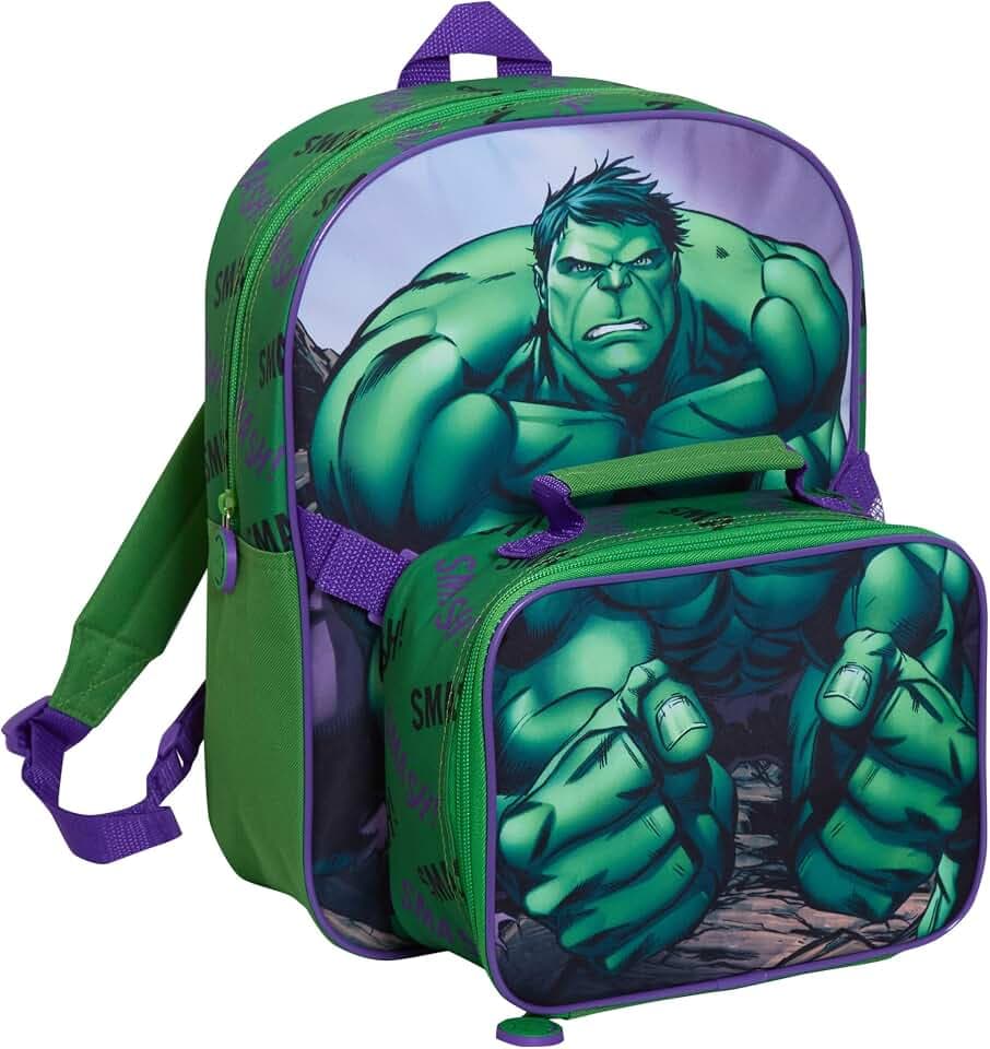 Marvel The Hulk Rucksack mit Lunchtasche für Kinder, Schultasche, 2-teilig, passendes, isoliertes Lunch-Set, grün, Einheitsgröße, Rucksack