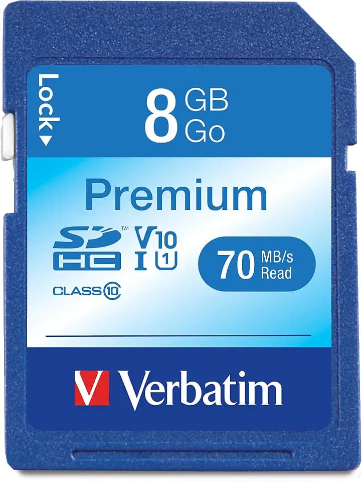 Verbatim Premium 8GB SDHC Camera Memory Card, UHS-I U1 V10 Class 10, 70MB/s