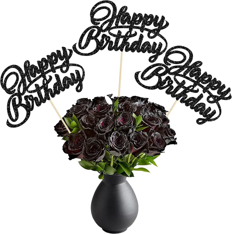 Ephlyn 12Pcs Happy Birthday Centerpiece Sticks Birthday Party Decorations Double Sided Glitter Table Toppers Decorations for Baby Shower Anniversary Party Decors Favors Black