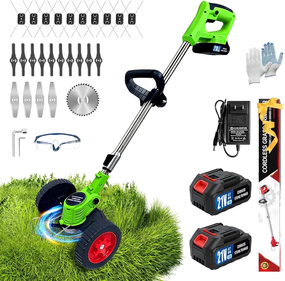 Cordless Weed Wacker Electric Grass Trimmer Battery Powered, Lightweight Grass Cutter with 2 Pack 21V Batteries, 4 in 1 String Trimmer with Adjustable Length Rod and 25 Blades for Yard and Garden