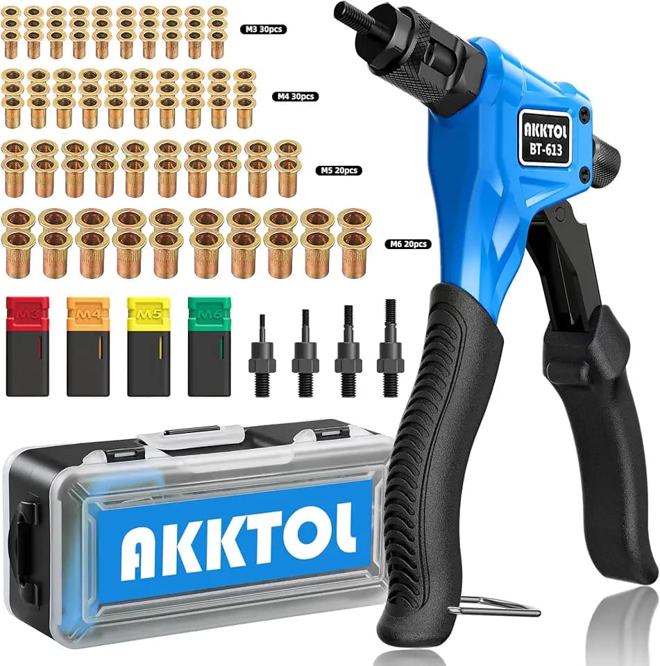 AKKTOL Nietmutternzange, Nietmutternzange Set, Gewindenieten Zange Set mit 100 Nietmuttern M6, M5, M4, M3, 4 Dorne und Tragekoffer, Einnietmutternzange, Einhand-Nietmutter Zange Werkzeug