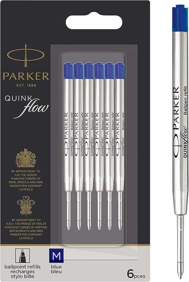 Parker Ballpoint Pen Refills | Medium Point | Blue QUINKflow Ink | 6 Count Value Pack
