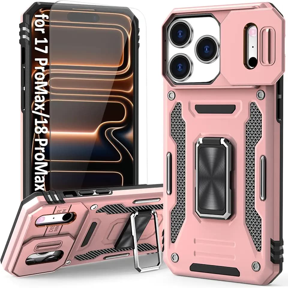 Heavy Duty Case Compatible with iPhone 17Pro Max & 18Pro Max with Slide Camera Cover & HD Screen Protector & Kickstand, Dual-Layer Shockproof Military-Grade Drop Protection (Rose Gold)