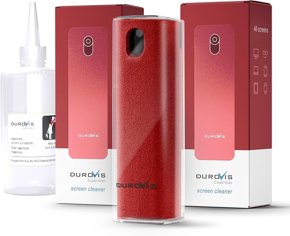 Display Reiniger Durovis Essentials, Screen Cleaner, Bildschirmreiniger mit Mikrofasertuch inklusive 50ml Glasreiniger ohne Alkohol für Auto/Smartphone/Laptop/Tablet (rot, 3er Set)