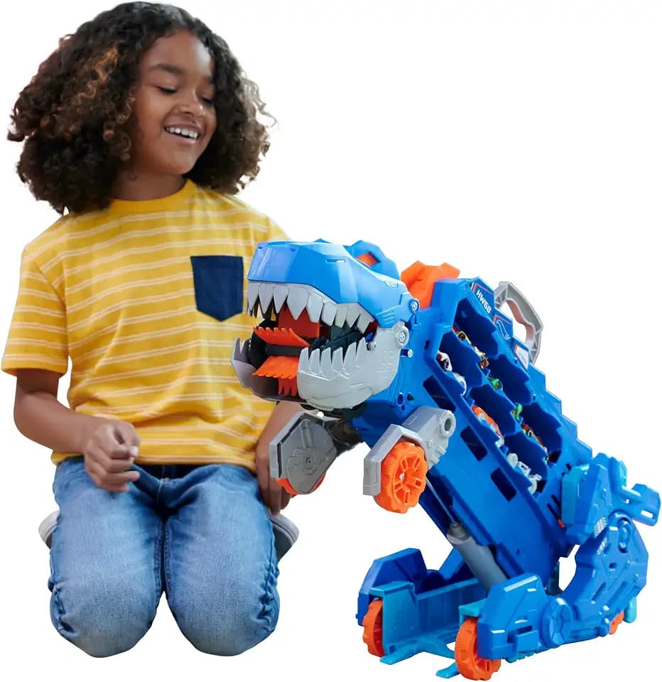Hot Wheels Let's Race Netflix -2:1 Transporter zu T-Rex mit inkl. Autorennbahn, mit Beleuchtung und Geräuschen, inkl. 2 Spielzeugautos, Platz für 20 Autos, Hot Wheels Dino, Spielzeug ab 4 Jahre, HNG50