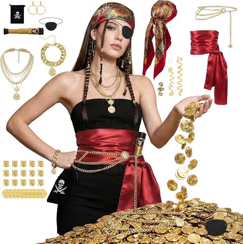 38PCS Pirate Accessories for Women - Captain Costume Set with Telescope, Gold Coins, Jewelry, Sash, Bandana & Eye Patch - Complete Halloween Cosplay Dress Up Kit for Ladies