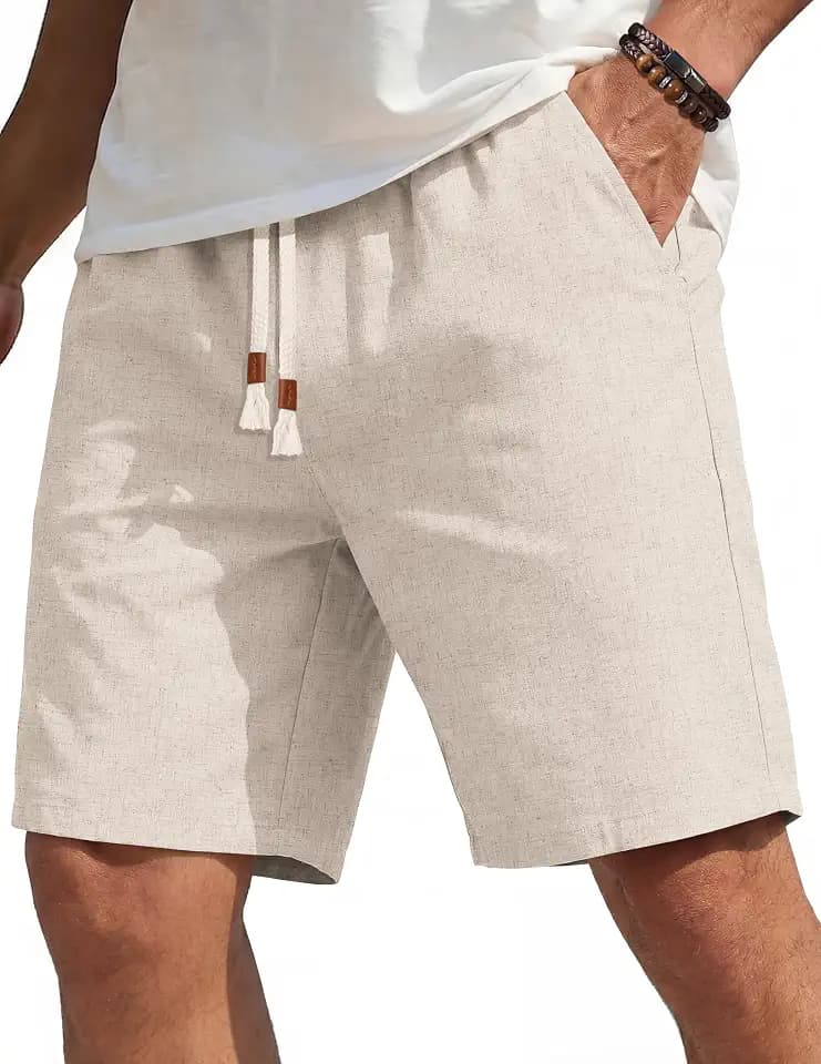 COOFANDY Men's Casual Cotton Linen Shorts Elastic Waist Drawstring Shorts