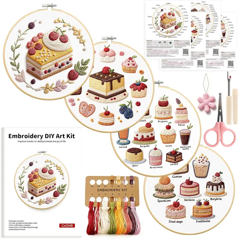 HGEKLIZV Embroidery Kit for Beginners Adults – 4Pcs Pre-Printed Cake & Fruit Patterns, Bamboo Hoop, Threads, Needles, Guide – DIY Hand Embroidery Craft, Home Decor, Gift for Women