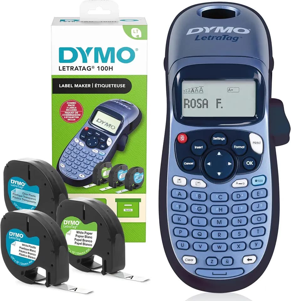 DYMO LetraTag LT-100H Beschriftungsgerät Handgerät | Tragbarer Etikettendrucker mit ABC Tastatur | mit Papieretikettenweißen & transparenten Kunststoffetiketten | Ideal fürs Büro & zu Hause