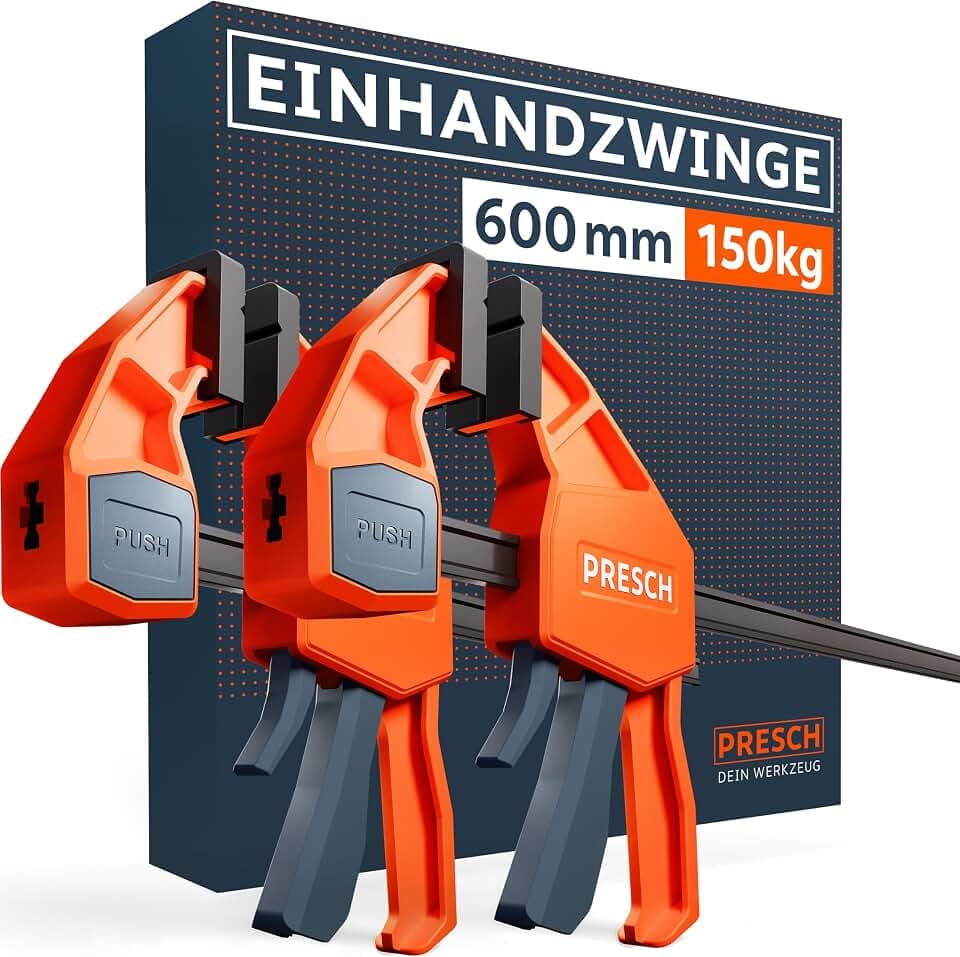 PRESCH Einhandzwingen 600mm 2 Stk. – Zwingen Set mit 150kg Spannkraft für sofortiges Fixieren – Robuste Schnellspannzwingen dank Carbonstahl & glasfaserverstärktem Gehäuse – Zwingen mit Spreizfunktion