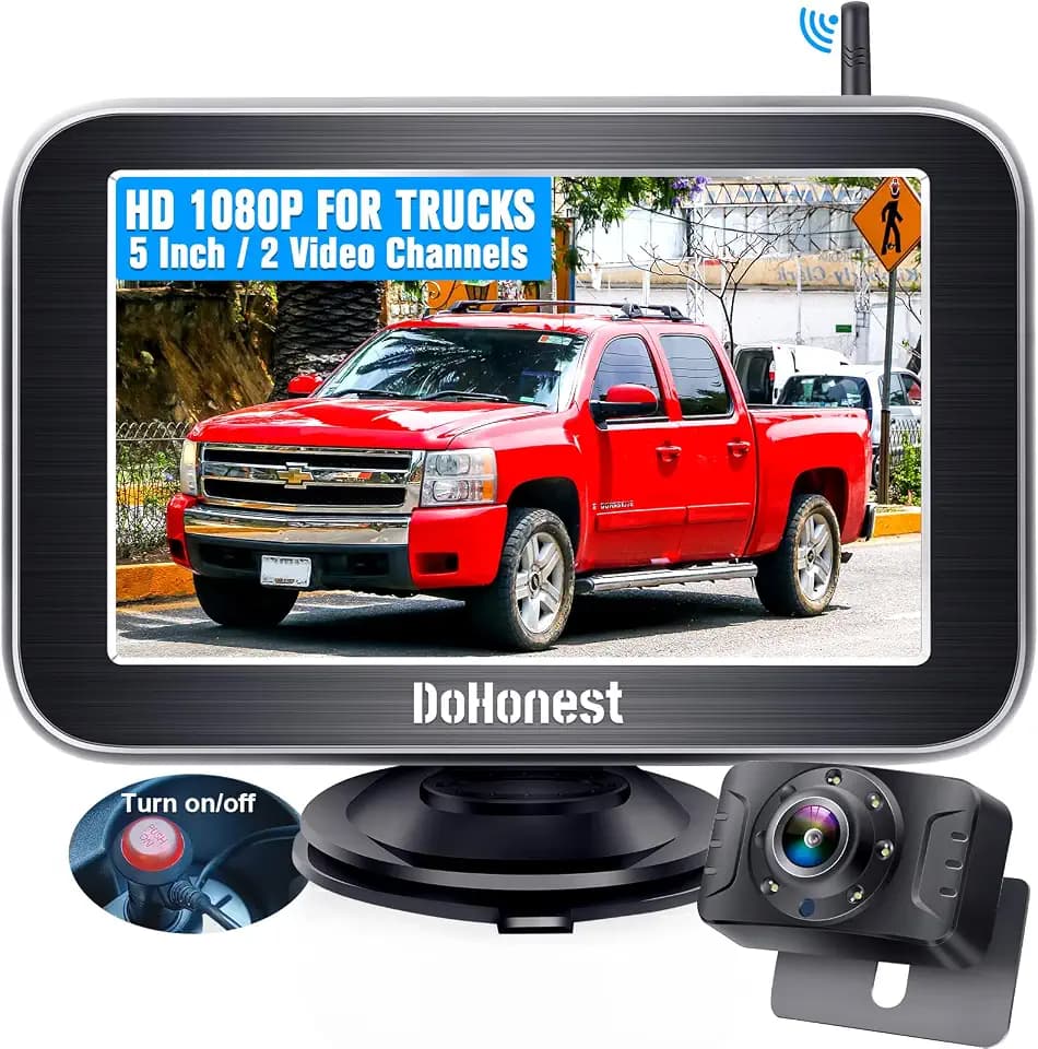 DoHonest Kabellos Rückfahrkamera Auto 5" Split Screen Monitor Funk Backup Kamera Set Digital Stabile Signal Nachtsicht IP69 Wasserdichter Reversing Camera LKW Wohnmobil Anhänger Van KfZ DoHonest V25