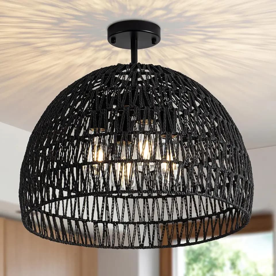Rattan Ceiling Light Fixture, 4-Light Boho Semi Flush Mount Ceiling Light, 20" Wicker Light Fixture with Handmade Woven Cage Lampshade, Rattan Chandelier for Bedroom Hallway Nursery Kitchen Farmhouse