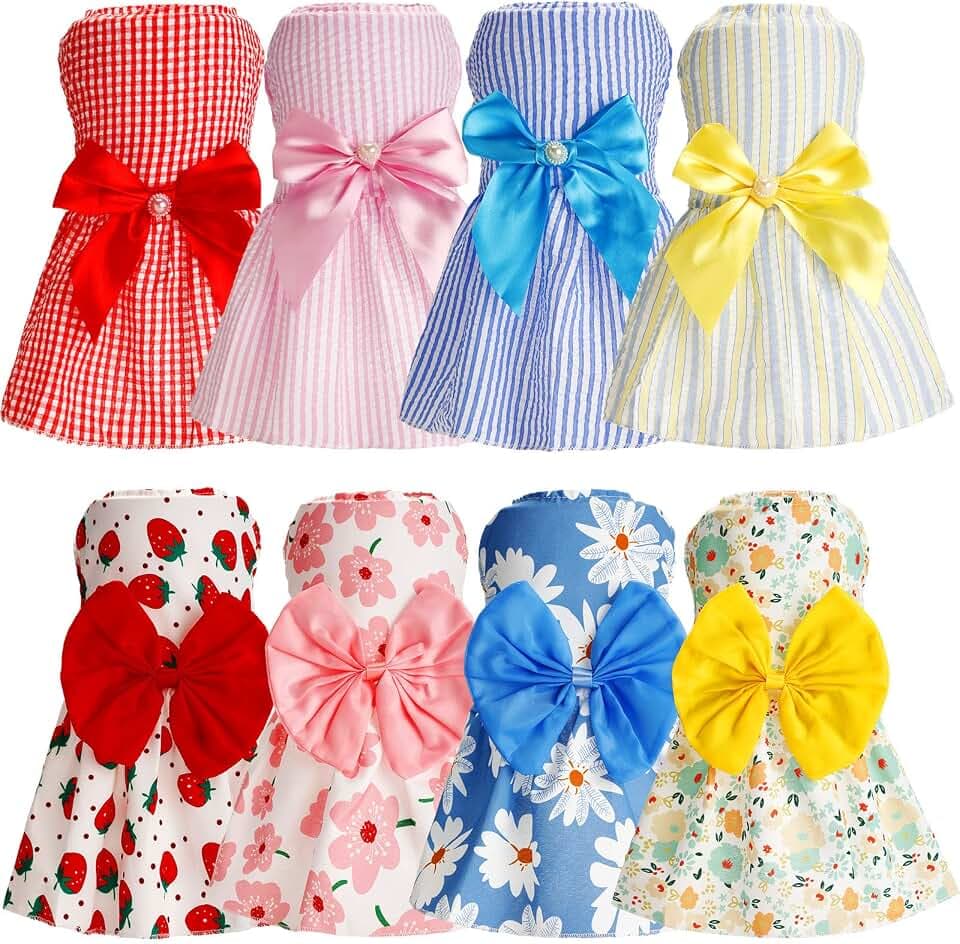 Sanwuta 8 Pieces Dog Bowknot Dresses Puppy Clothes Outfits Princess Dresses Soft Lightweight Summer Fruit Floral Pattern Pet Skirts for Girl Puppy(Cute,X-Large)