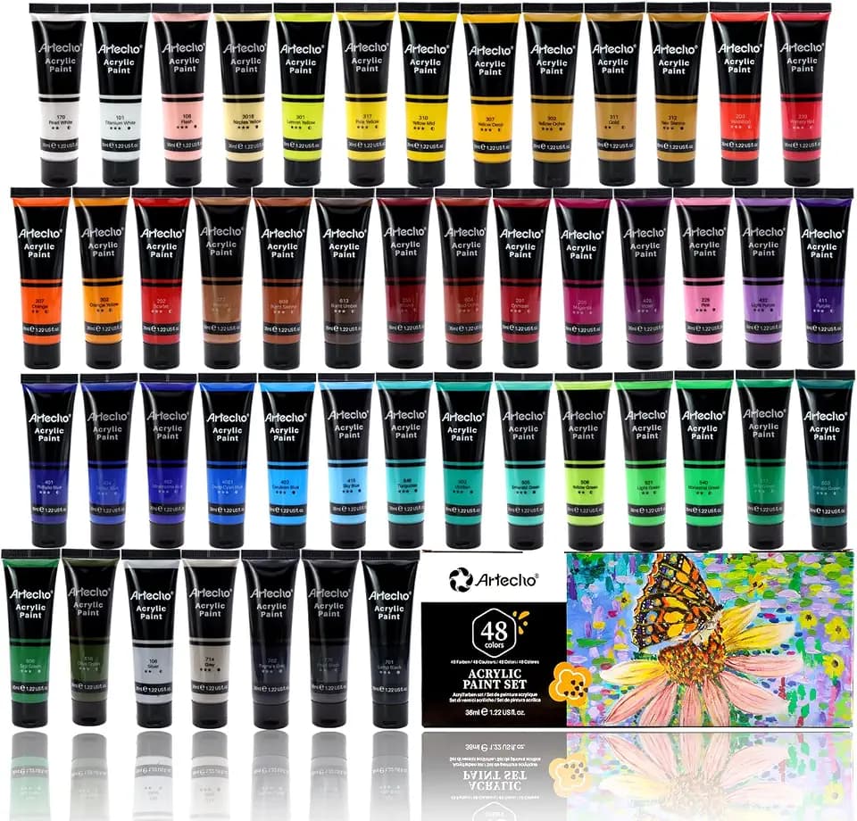 Artecho Acrylfarben Set 48 x 36 ml, Acrylic Paint Set, Wasserfest und Lichtecht, Schnell Trocknend, ideal für Leinwand, Papier und Stoffe, Geschenke zu Weihnachten und anderen Feiertagen