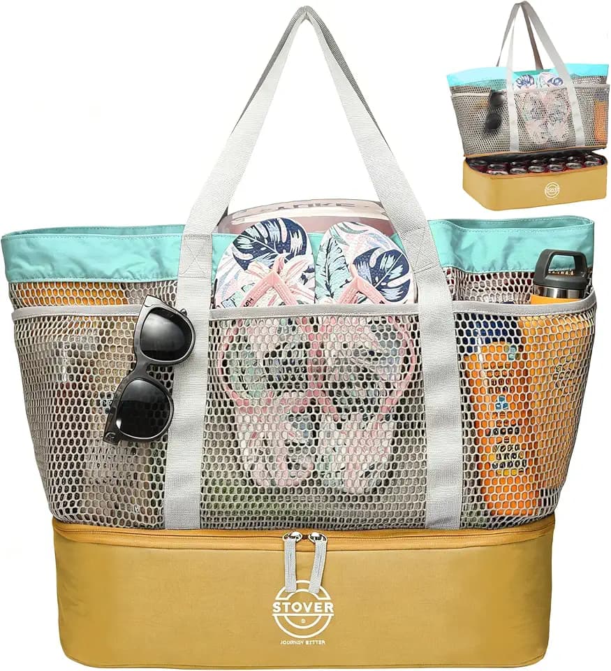 STOVER Large Mesh Beach Bag with Cooler Compartment - 24 Can Insulated Bottom, Foldable Beach Tote for Pool, Travel & Family
