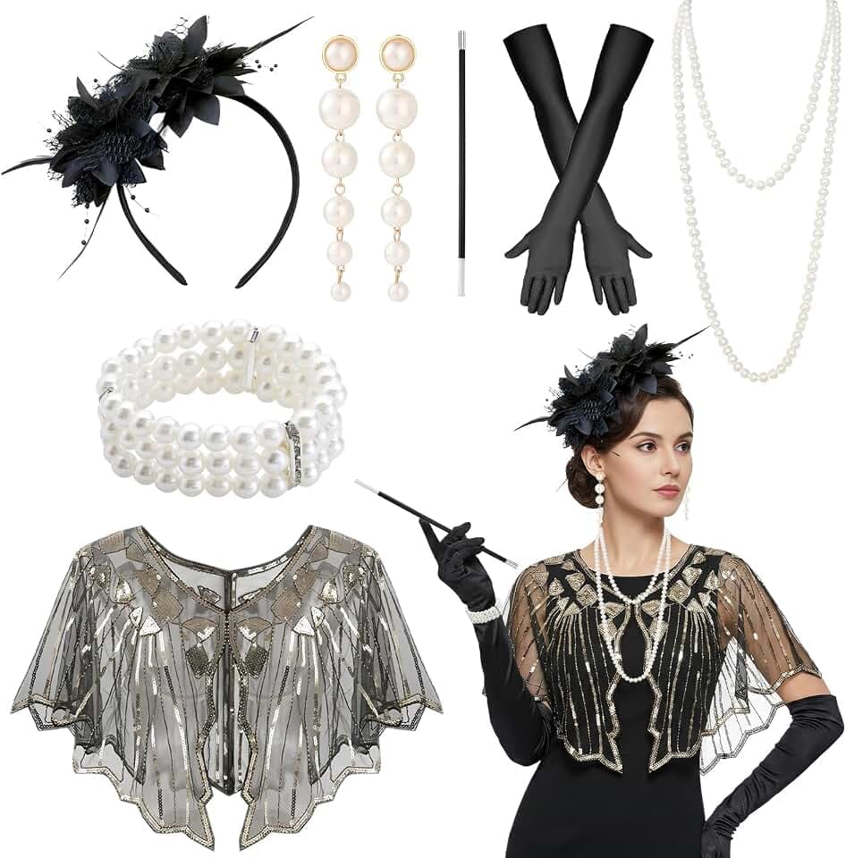 Dongcill 20er Jahre Kostüm Damen, 8-teiliges Great Gatsby Accessoires, 1920er Jahre Kleid Zubehör Set mit Kopfbedeckung Handschuhen Halskette Armband Ohrringen für Karneval Halloween