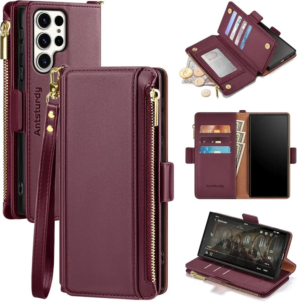 Antsturdy for Samsung Galaxy S23 Ultra Phone Wallet Case Women,Wine Red
