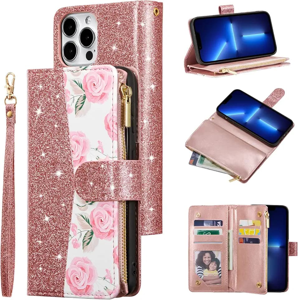 UEEBAI Wallet Case for iPhone 16 Pro Max, PU Leather Wallet Magnetic Closure Handbag Zipper Pocket Cover Kickstand Card Slots with Hand Strap Rose Flip Case for Women - Glitter Rose