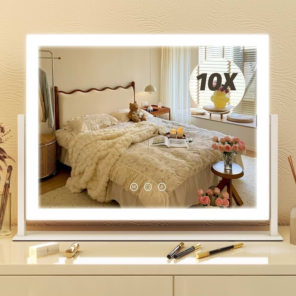 FENNIO Vanity Mirror with Lights 13'' x 17'' Makeup Mirror with Lights,Vanity Mirror Touch Screen with 3-Color Lighting,Dimmable,for Vanity Desk Bedroom White