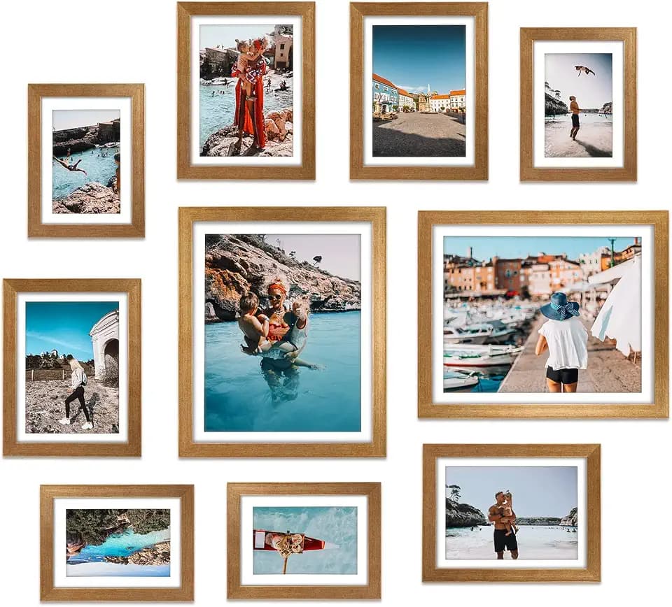 Giftgarden Bilderrahmen für Fotos in verschiedenen Größen, Antik-Gold, 4 x 6, 4 x 17, zwei 20 x 25, mattierte Galerie-Rahmen-Collage für Wand oder Tischplatte, 10 Stück
