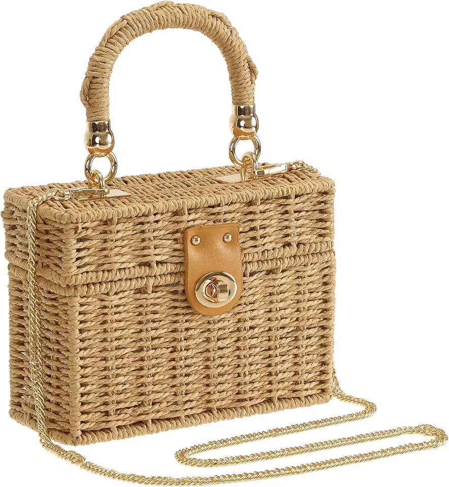 Women's Straw Purse Handbag Wicker Square Crossbody Rattan Bag Boho Crossbody Bag