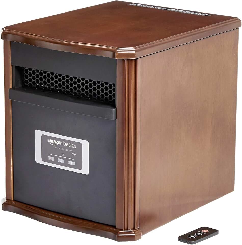 Amazon Basics Portable Space Heater with Remote Control, Adjustable Thermostat, Indoor Use, Energy-Saving Setting, LED Display, Classic Wood Casing, 1500W, 12"D x 13"W x 16"H, Brown